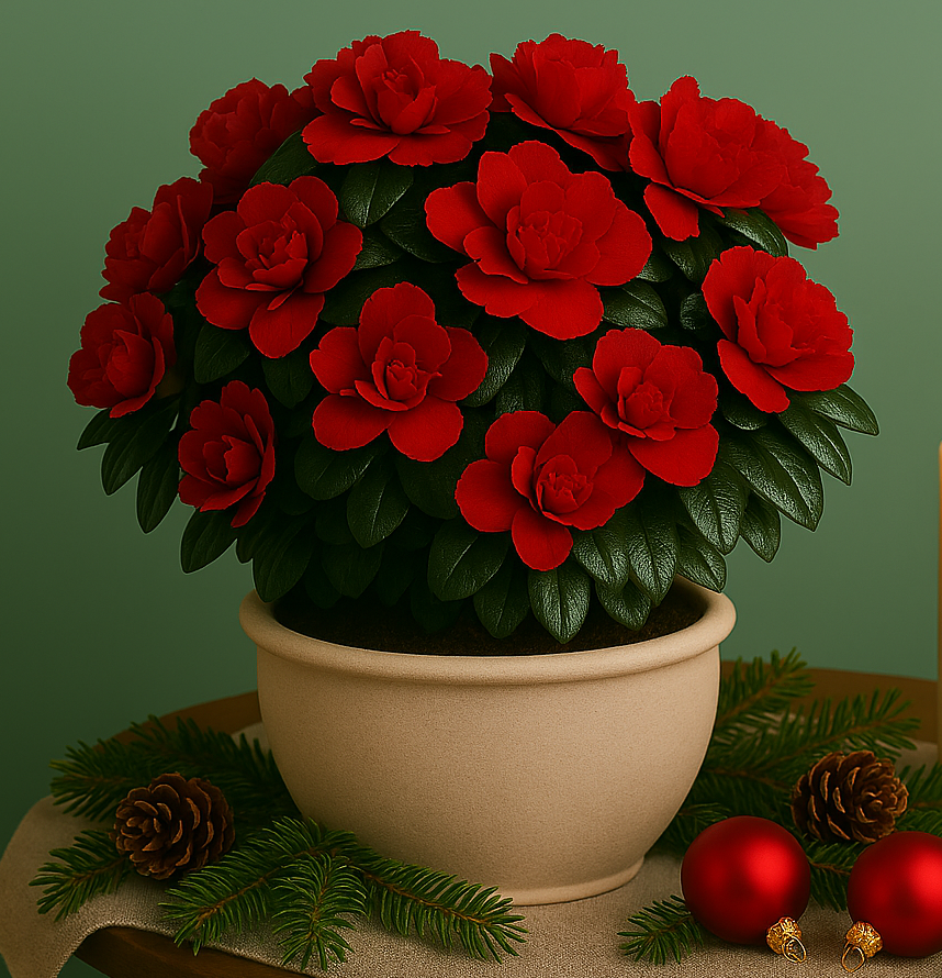 Rød asalea, to tente lys og julepynt - Klikk for stort bilde